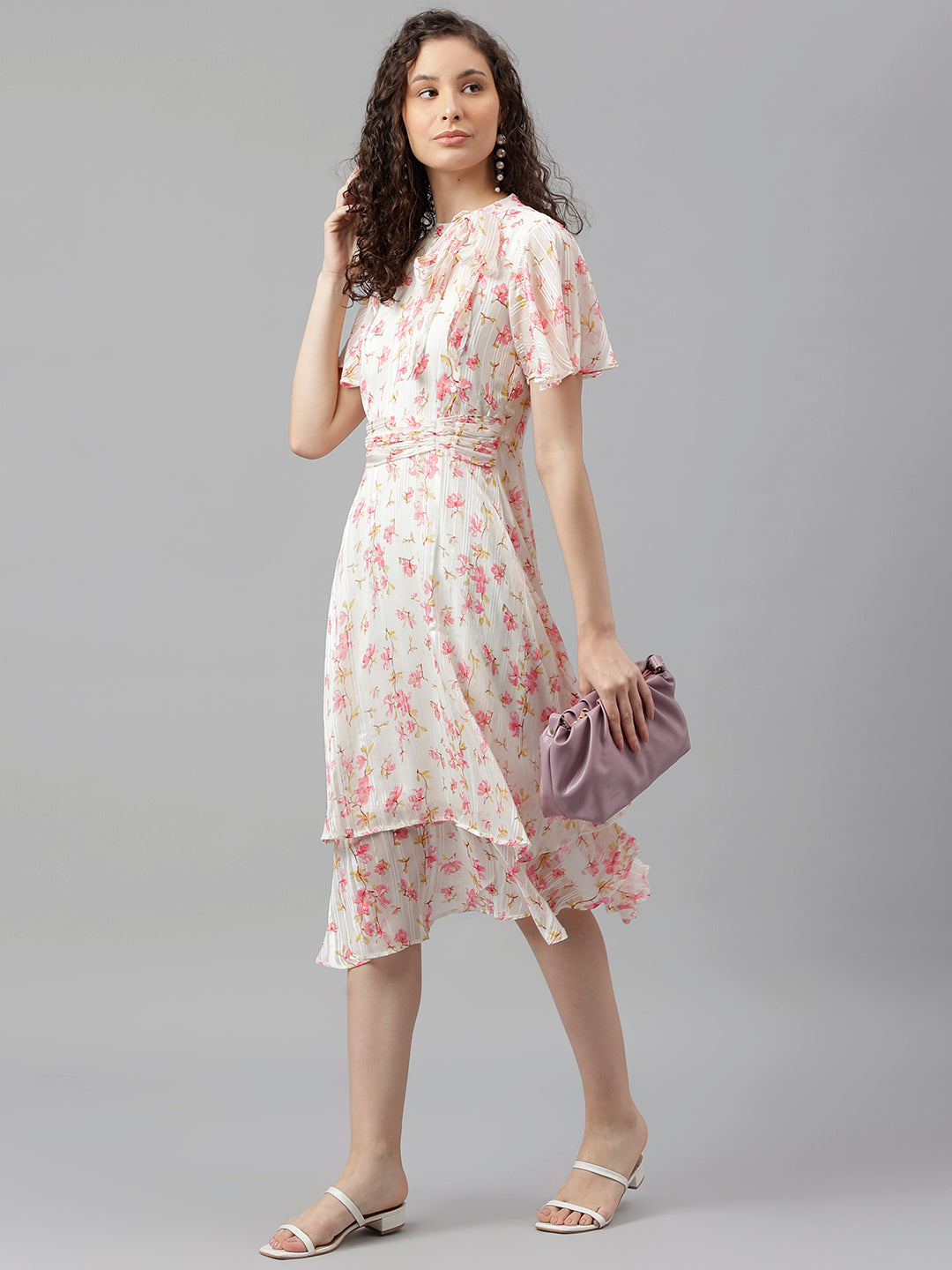 Ivory Half Sleeve Printed A-Line Dress