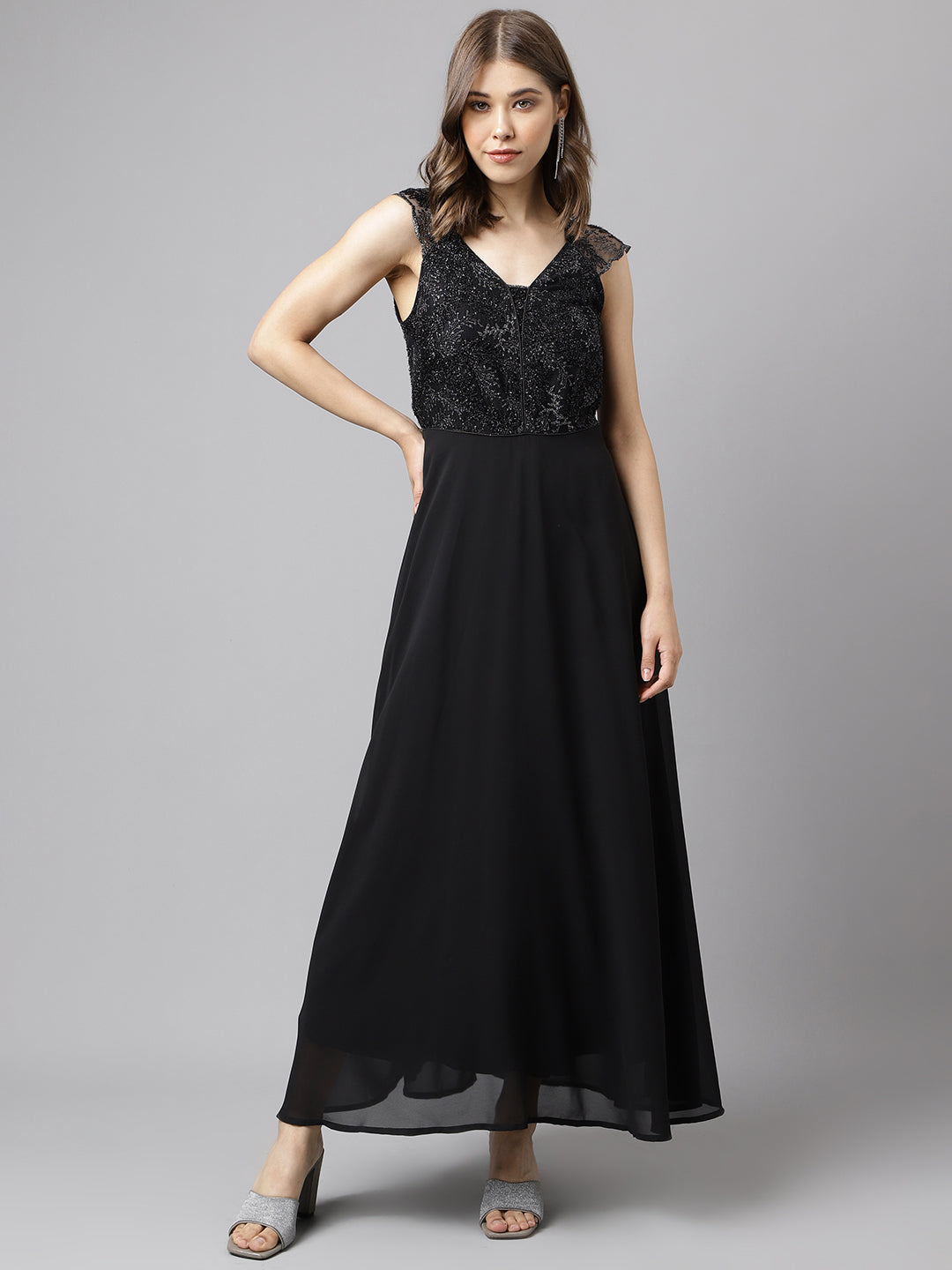 Black Cap Sleeve Solid Sequin Dress