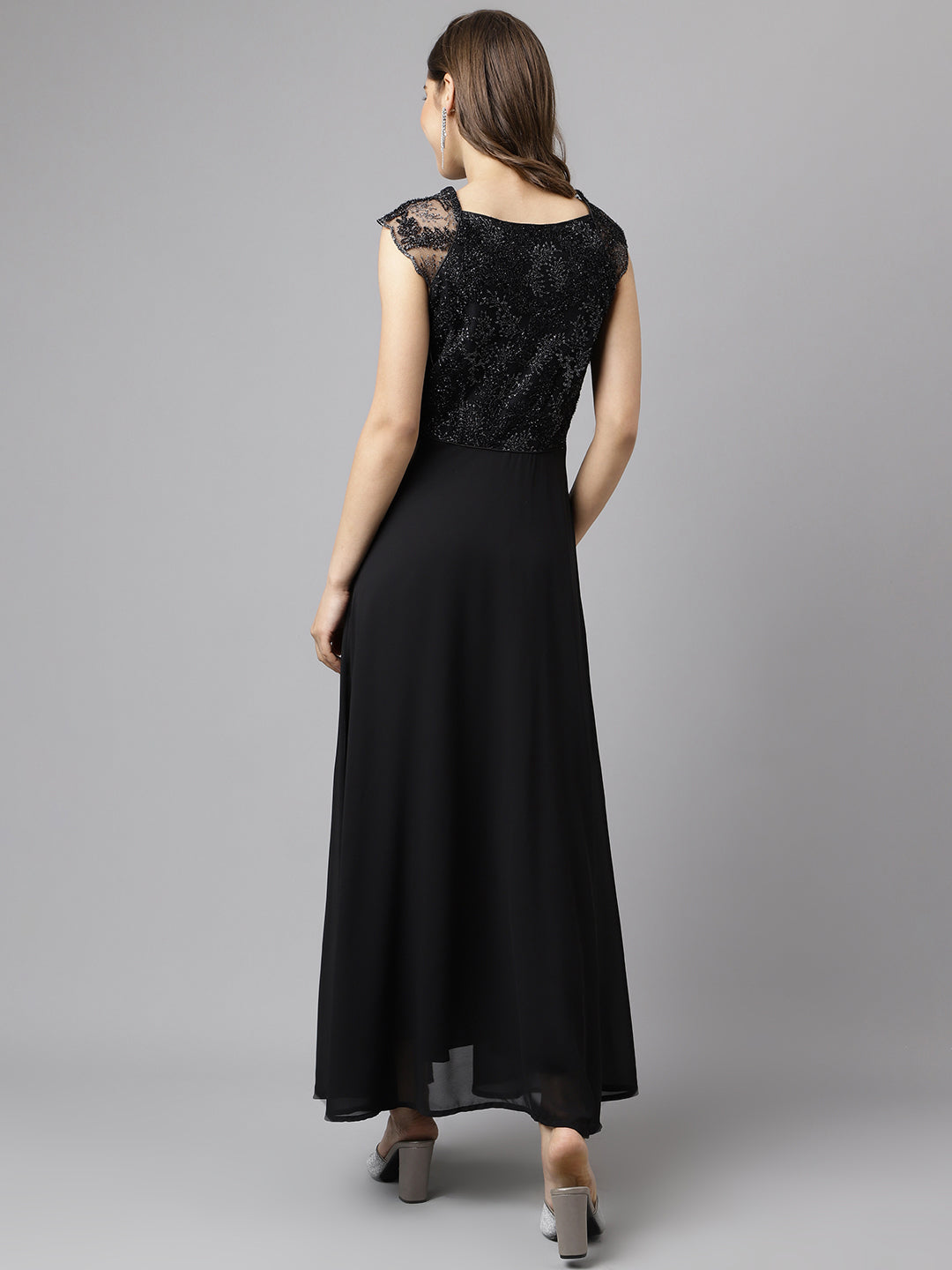 Black Cap Sleeve Solid Sequin Dress