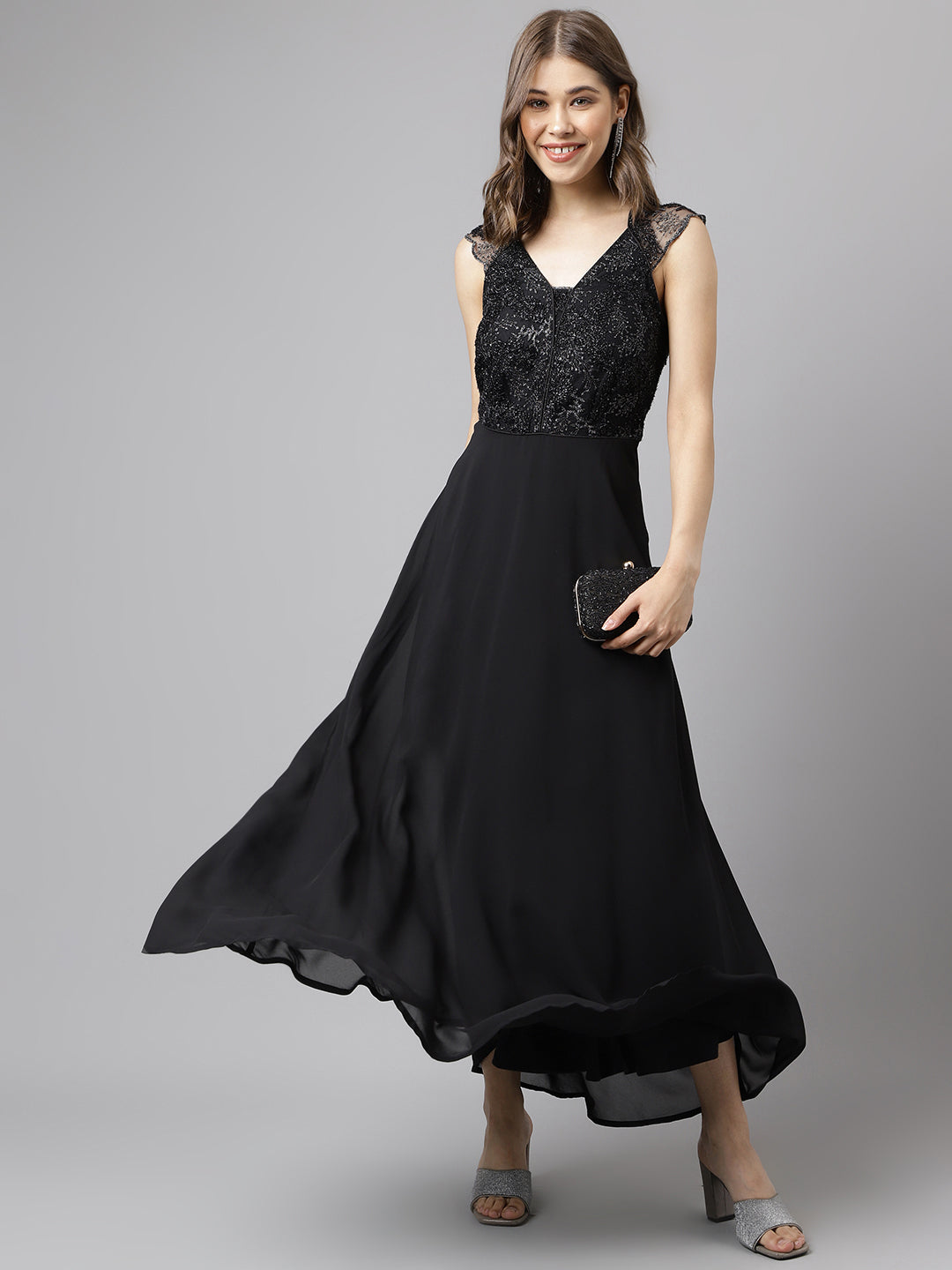 Black Cap Sleeve Solid Sequin Dress