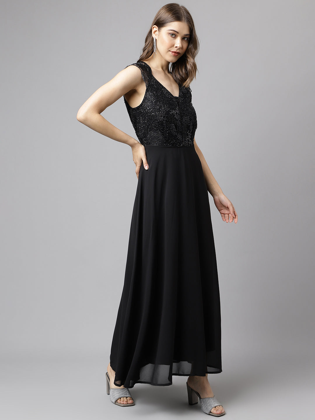 Black Cap Sleeve Solid Sequin Dress