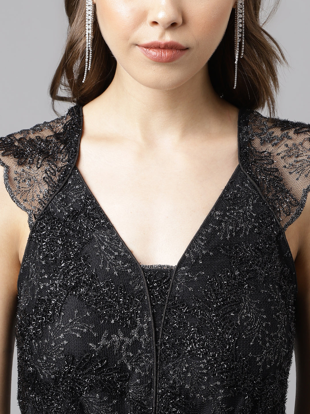 Black Cap Sleeve Solid Sequin Dress