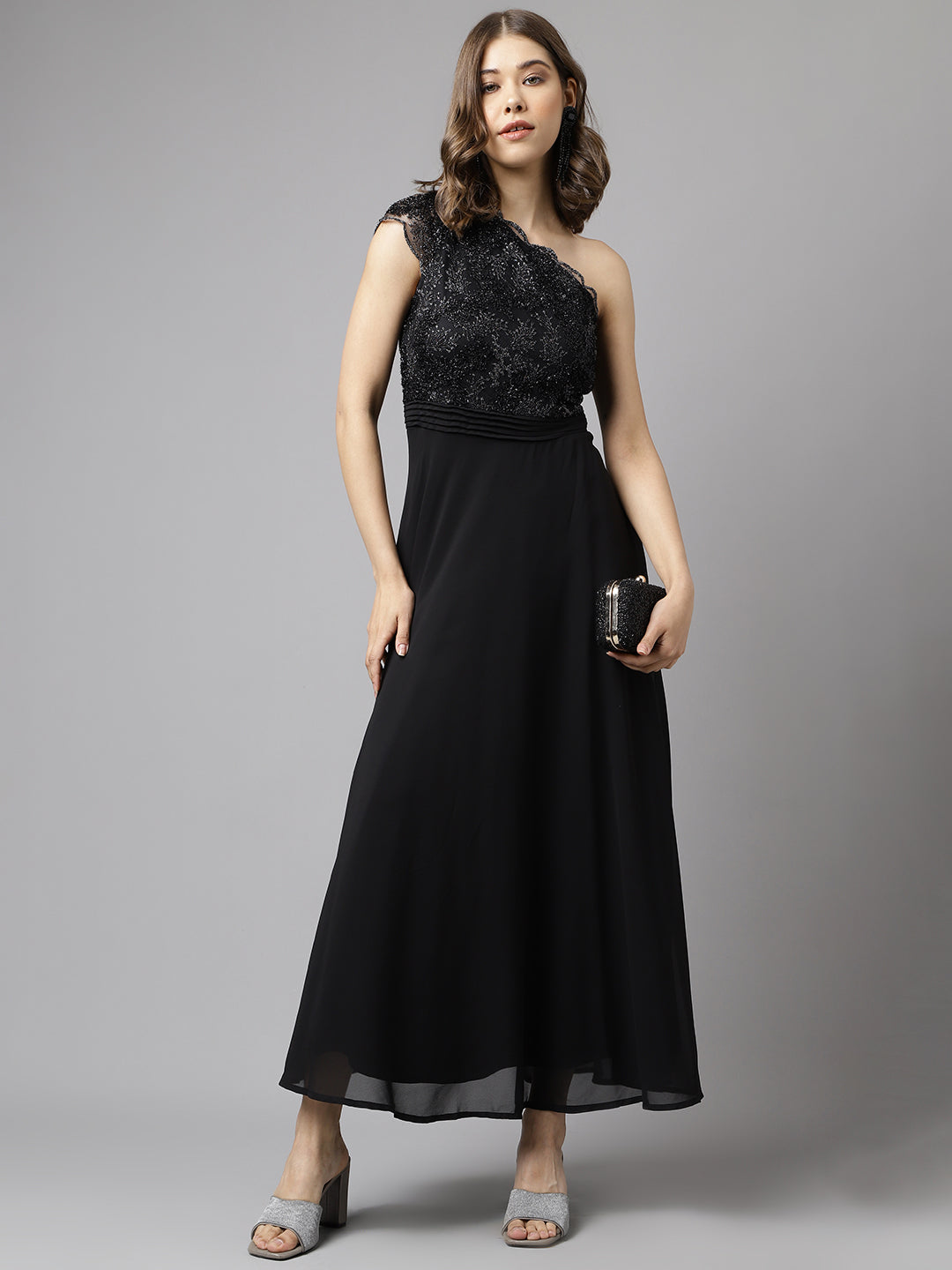 Black Cap-Sleeve Solid Sequin Dress