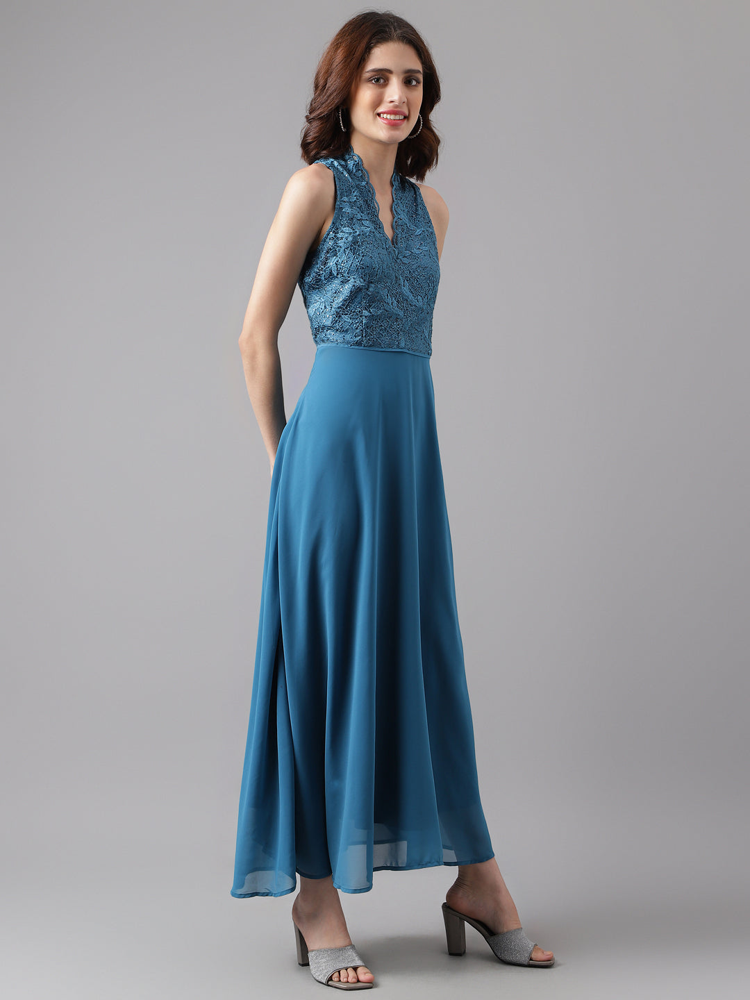 Teal Sleeveless Solid Maxi Dress