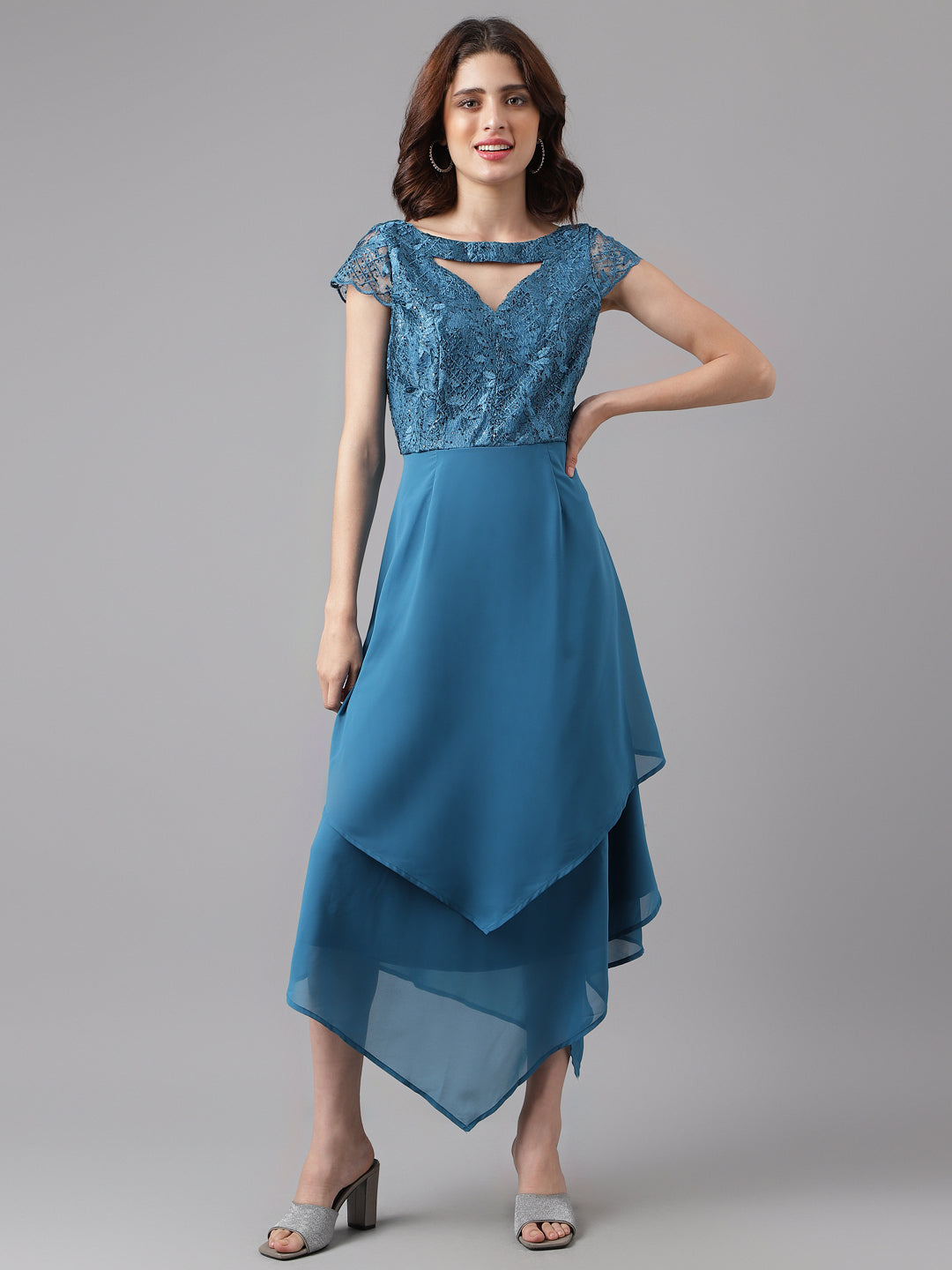 Teal Cap Sleeve Solid Maxi Dress