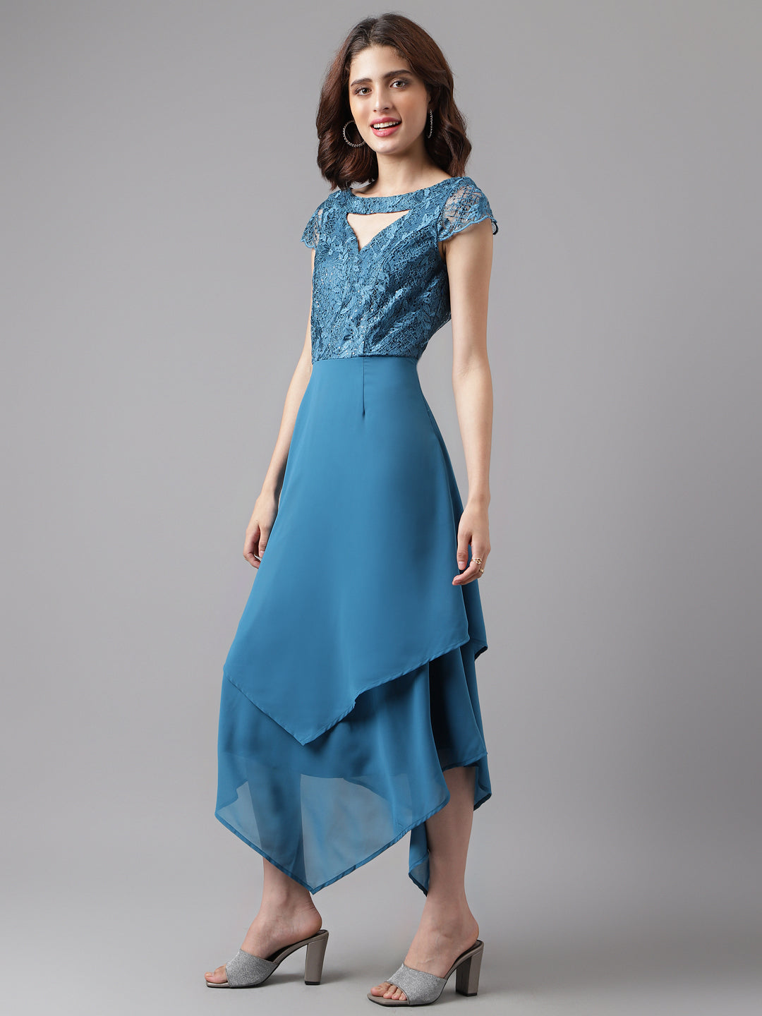 Teal Cap Sleeve Solid Maxi Dress