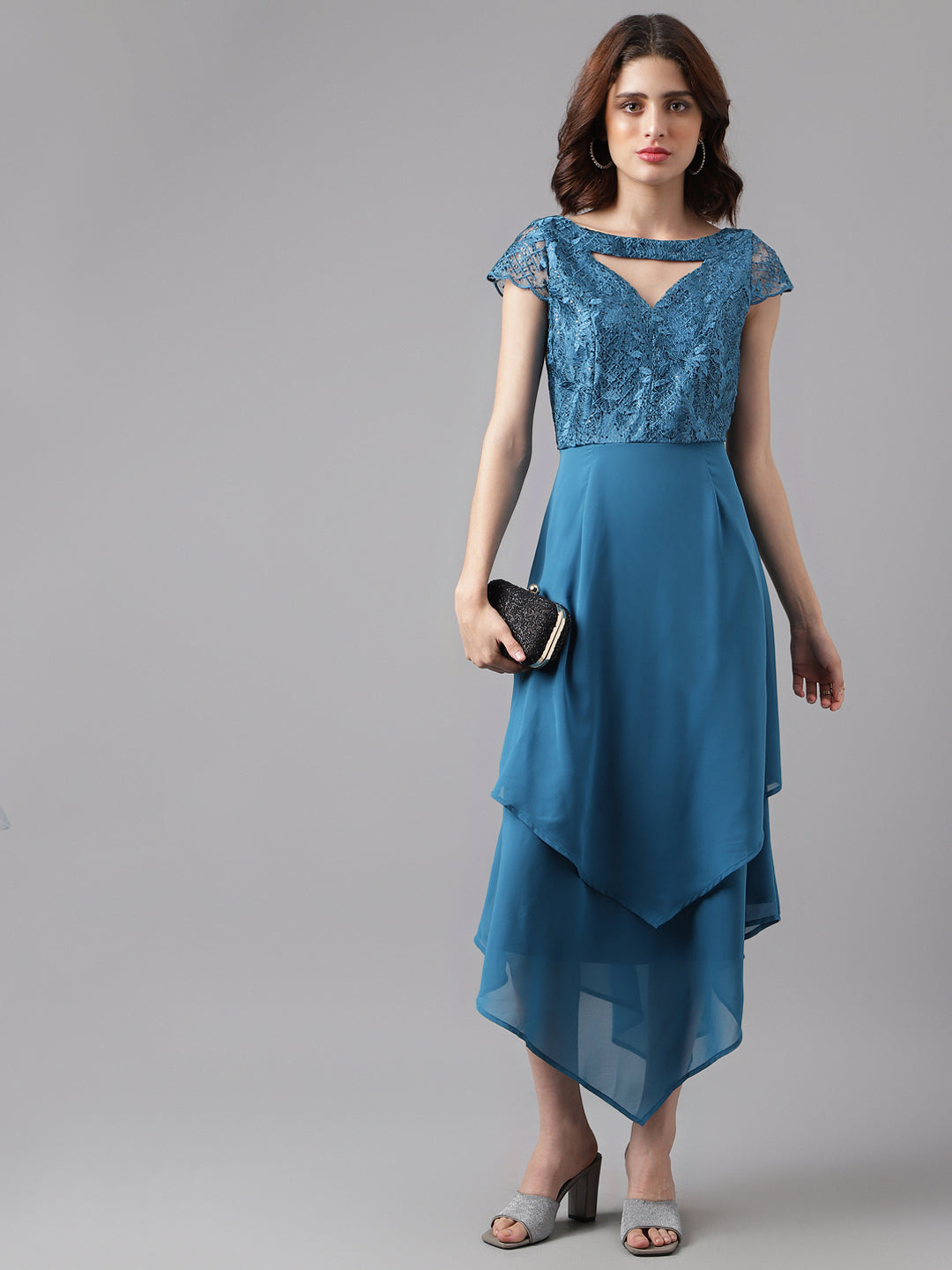 Teal Cap Sleeve Solid Maxi Dress