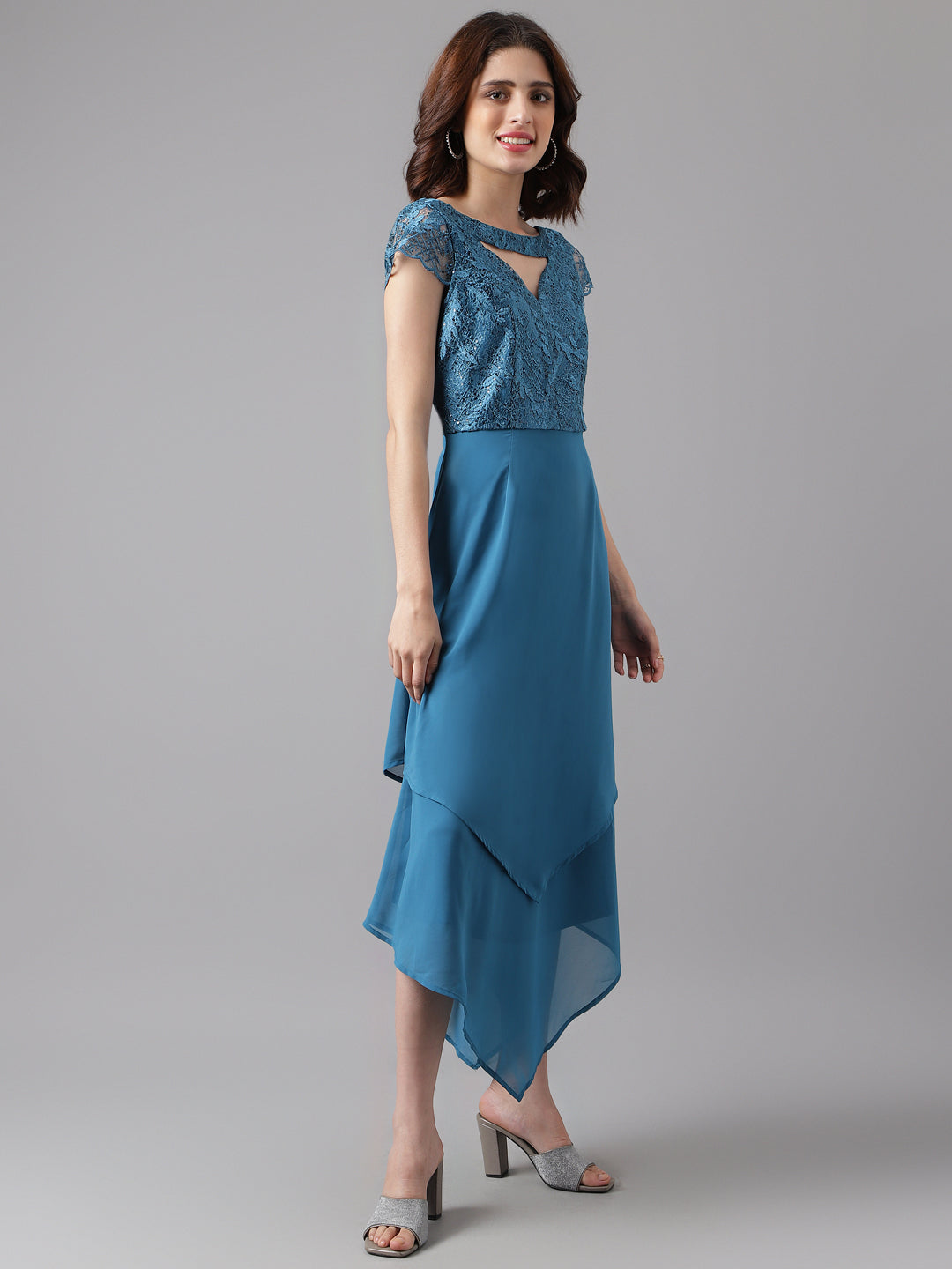 Teal Cap Sleeve Solid Maxi Dress