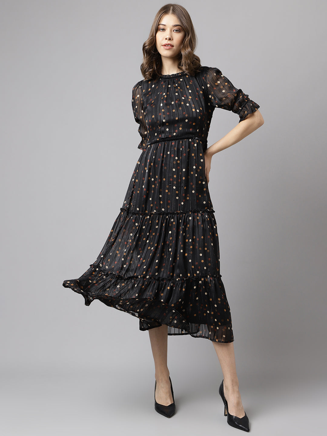Brown Half Sleeve Printed With Ruffles Dress