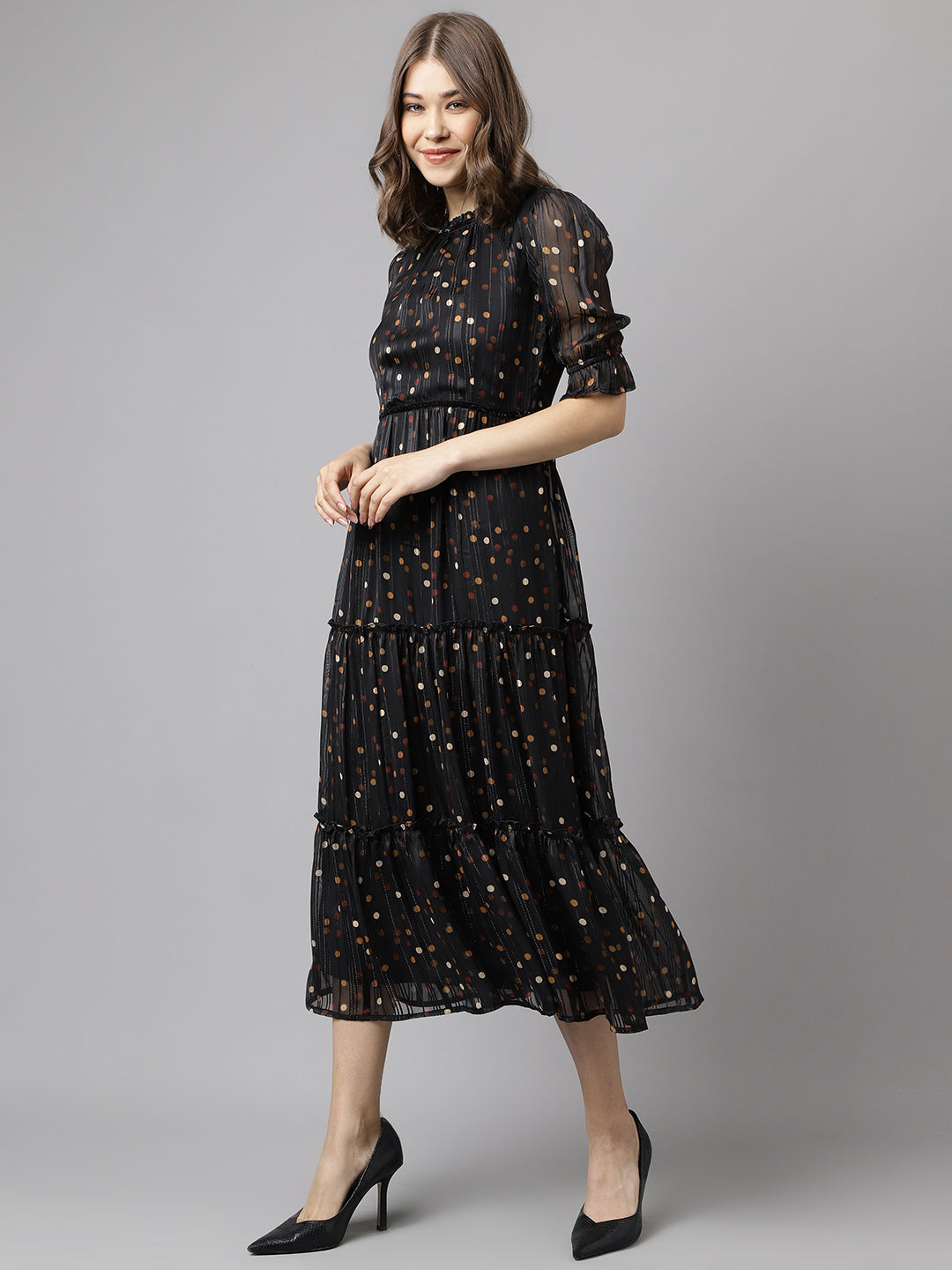 Brown Half Sleeve Printed With Ruffles Dress