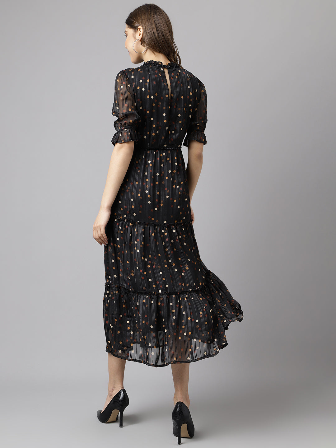 Brown Half Sleeve Printed With Ruffles Dress
