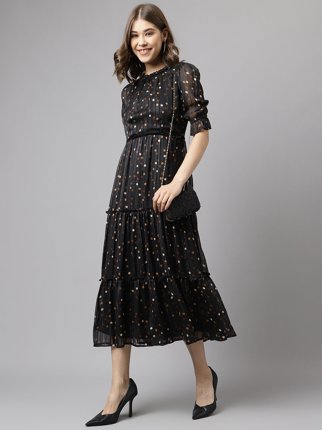 Brown Half Sleeve Printed With Ruffles Dress
