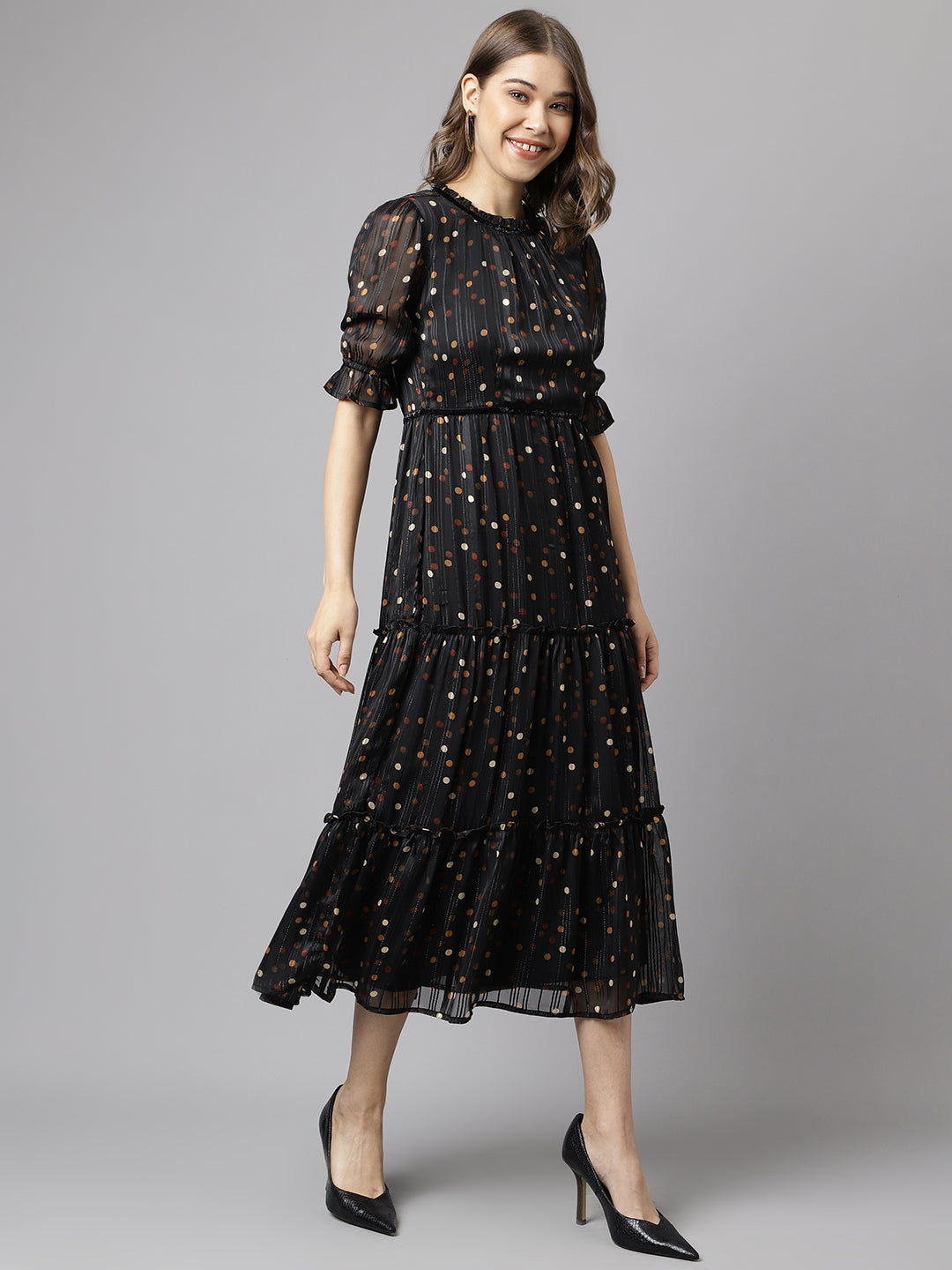 Brown Half Sleeve Printed With Ruffles Dress
