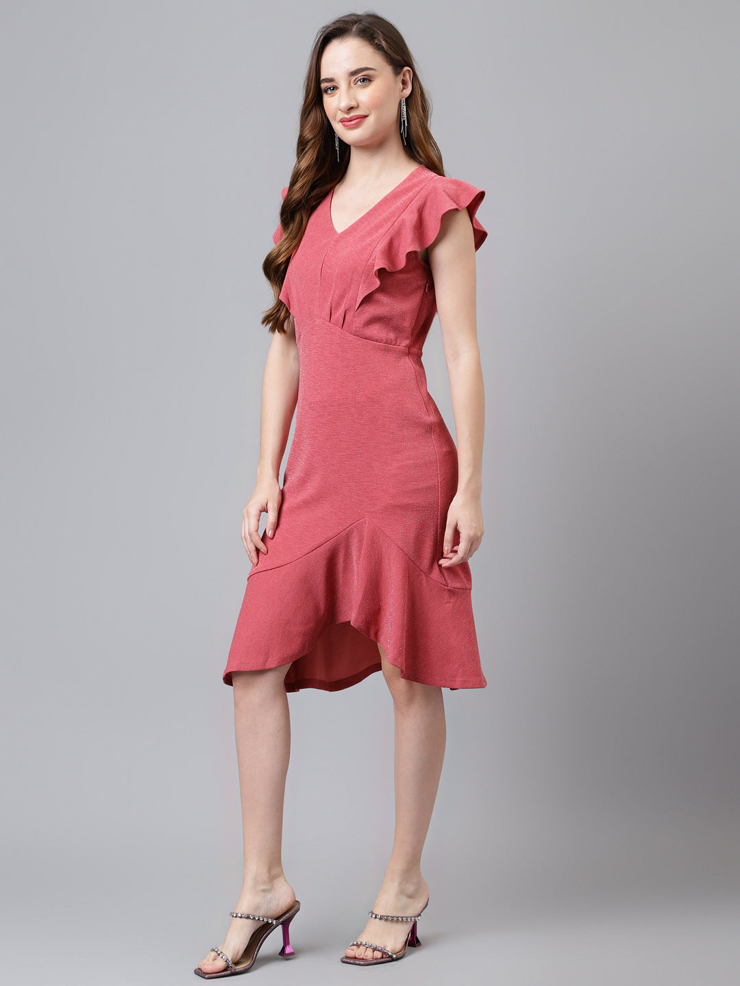 Rose Cap Sleeve V-Neck Solid Normal A-Line Dress