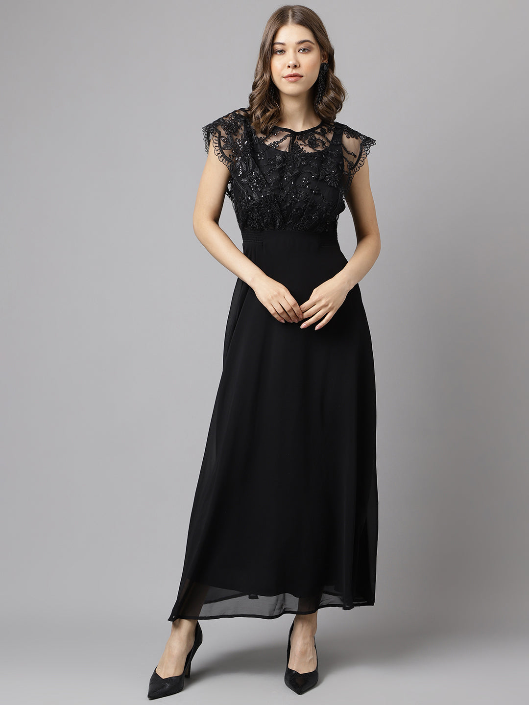 Cap Sleeve Polyester Maxi Dress Black