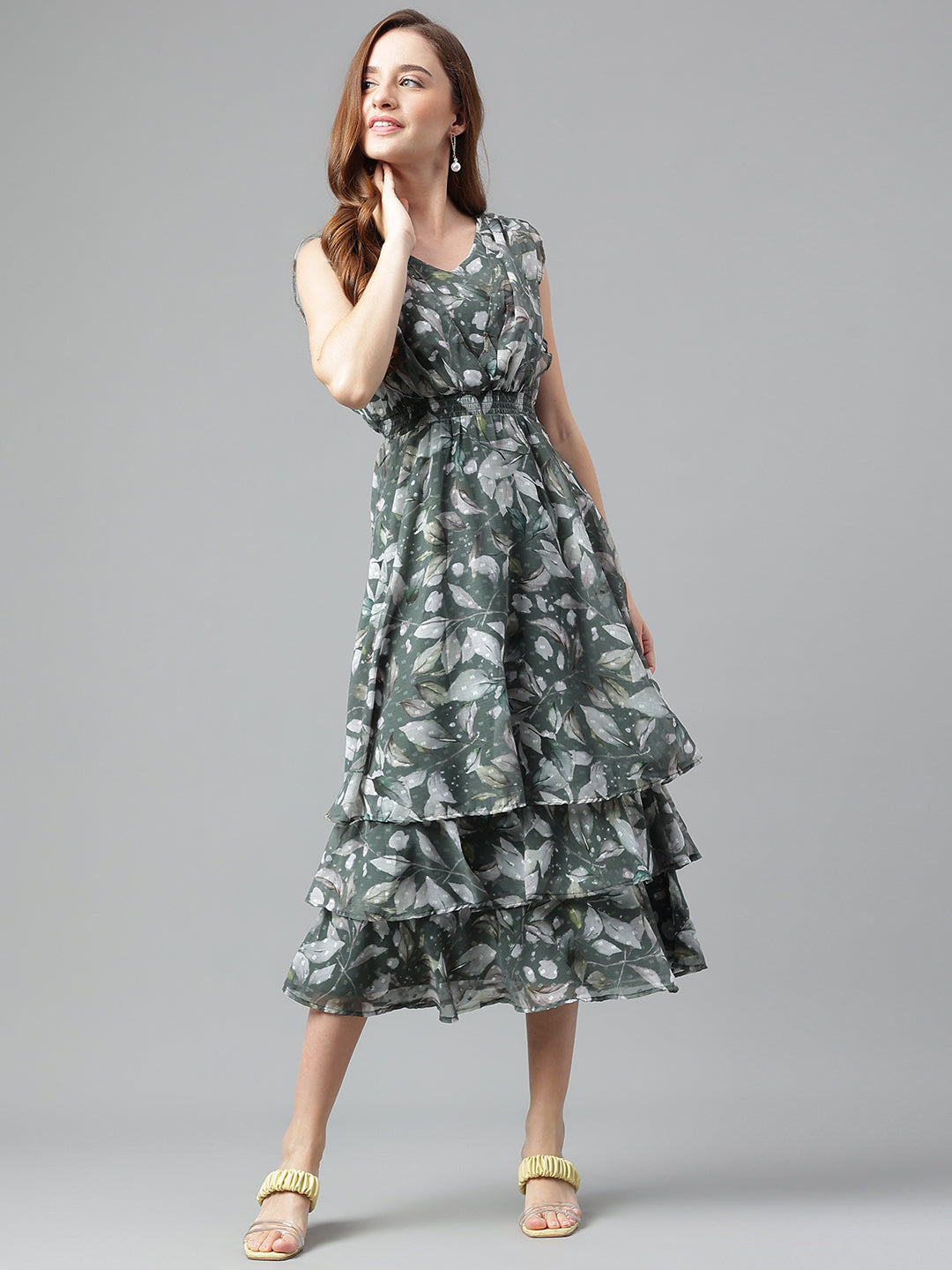 (4p. pack) Orange/Green V-Neck Printed Midi Dress - T-80