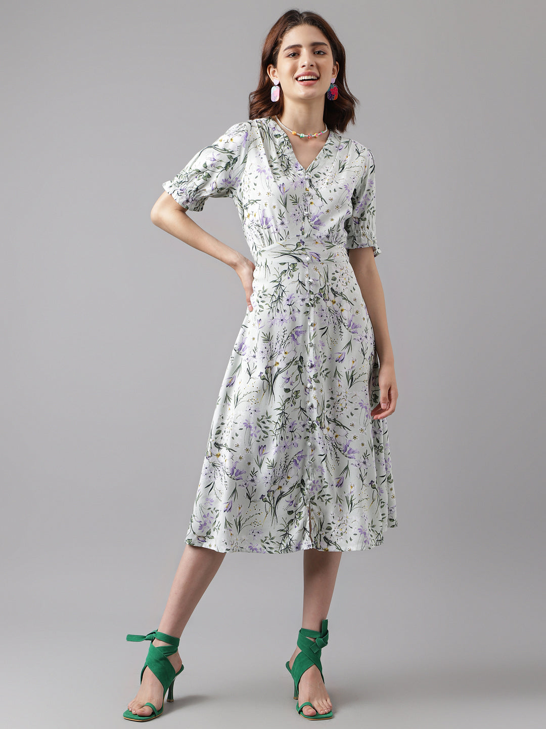 Green Half Sleeve Printed A-Line Long Dress