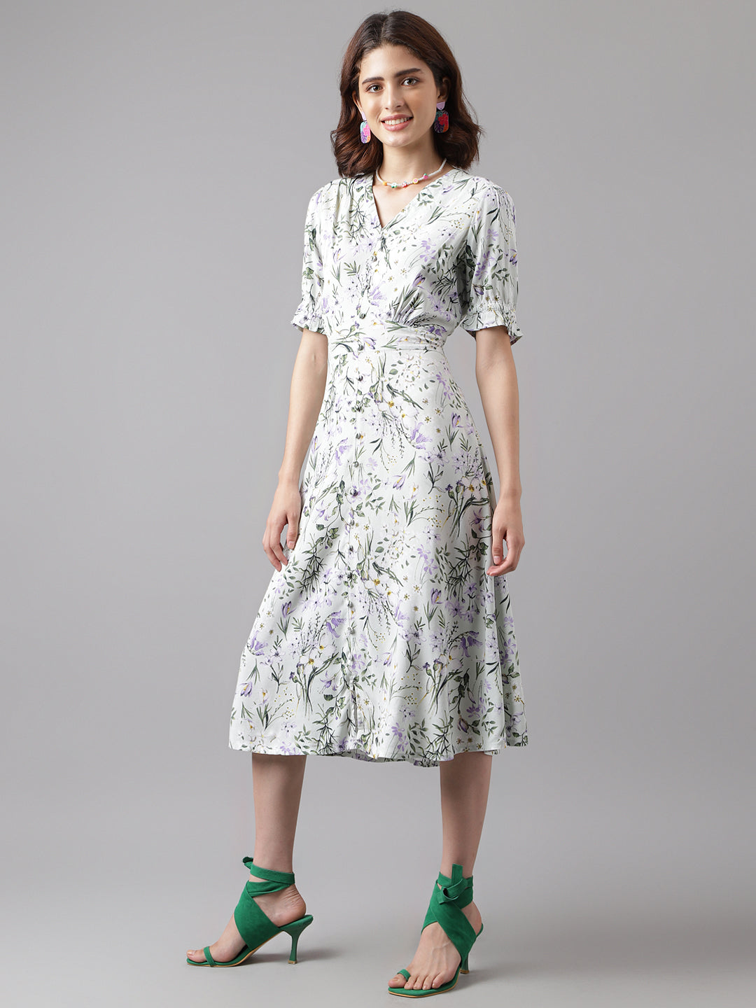 Green Half Sleeve Printed A-Line Long Dress