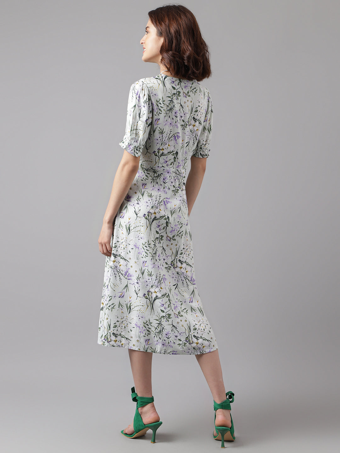 Green Half Sleeve Printed A-Line Long Dress