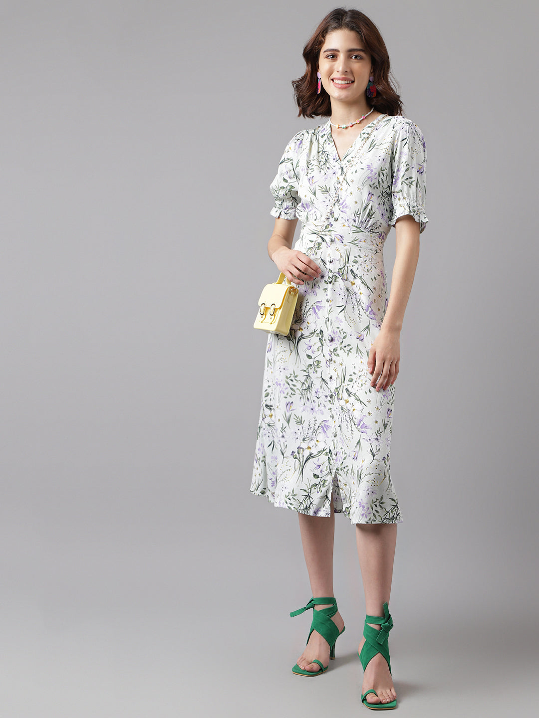 Green Half Sleeve Printed A-Line Long Dress