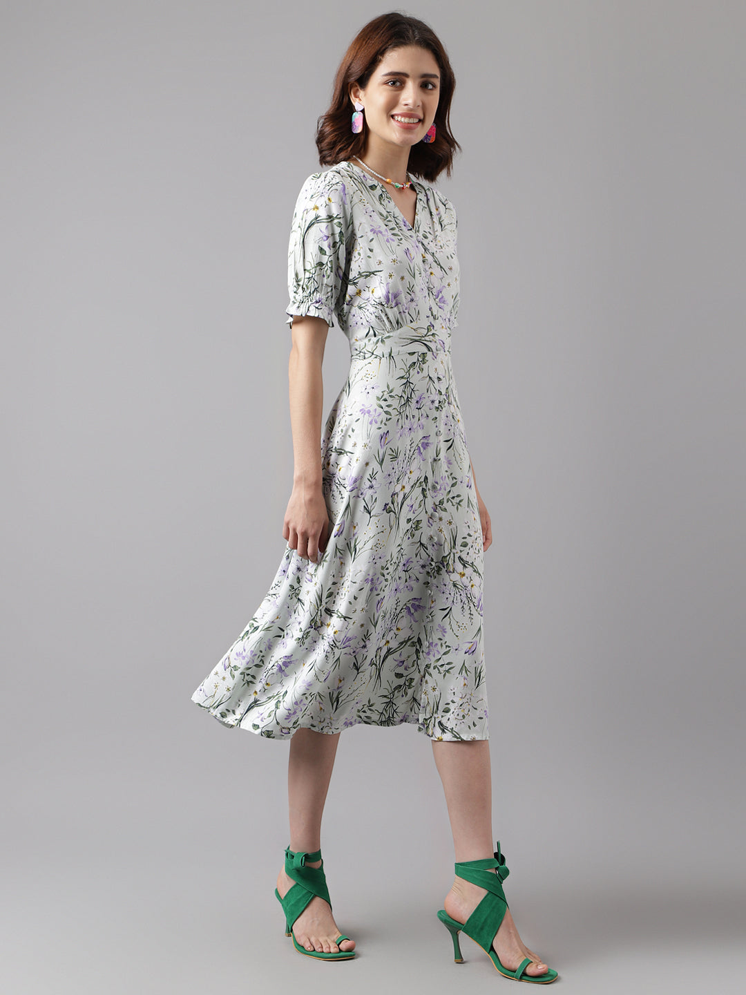 Green Half Sleeve Printed A-Line Long Dress