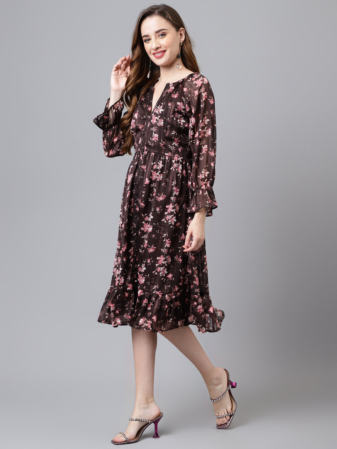Brown 3/4 Sleeve Printed Long Maxi Dress