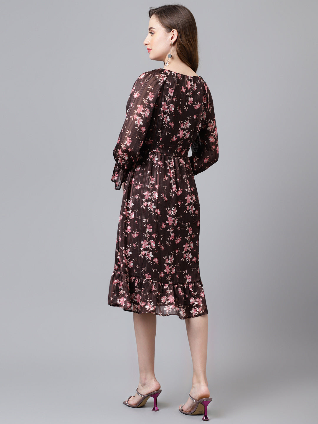 Brown 3/4 Sleeve Printed Long Maxi Dress