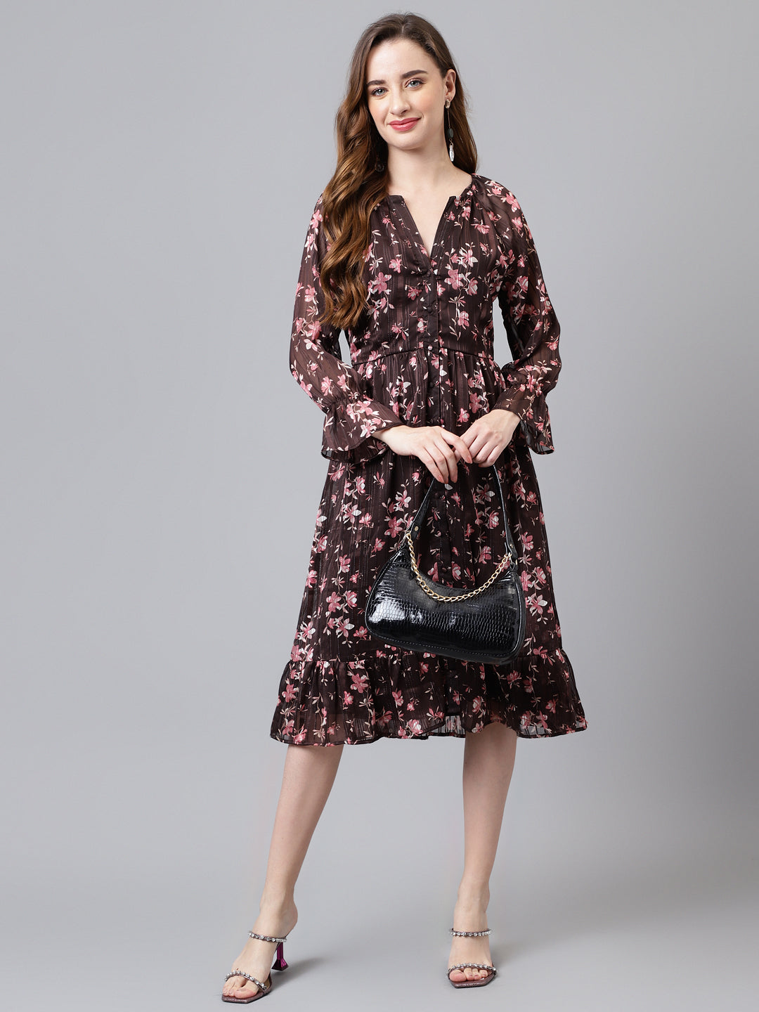 Brown 3/4 Sleeve Printed Long Maxi Dress