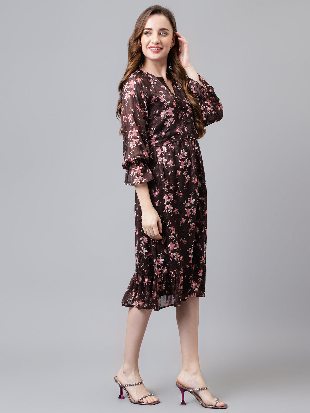 Brown 3/4 Sleeve Printed Long Maxi Dress
