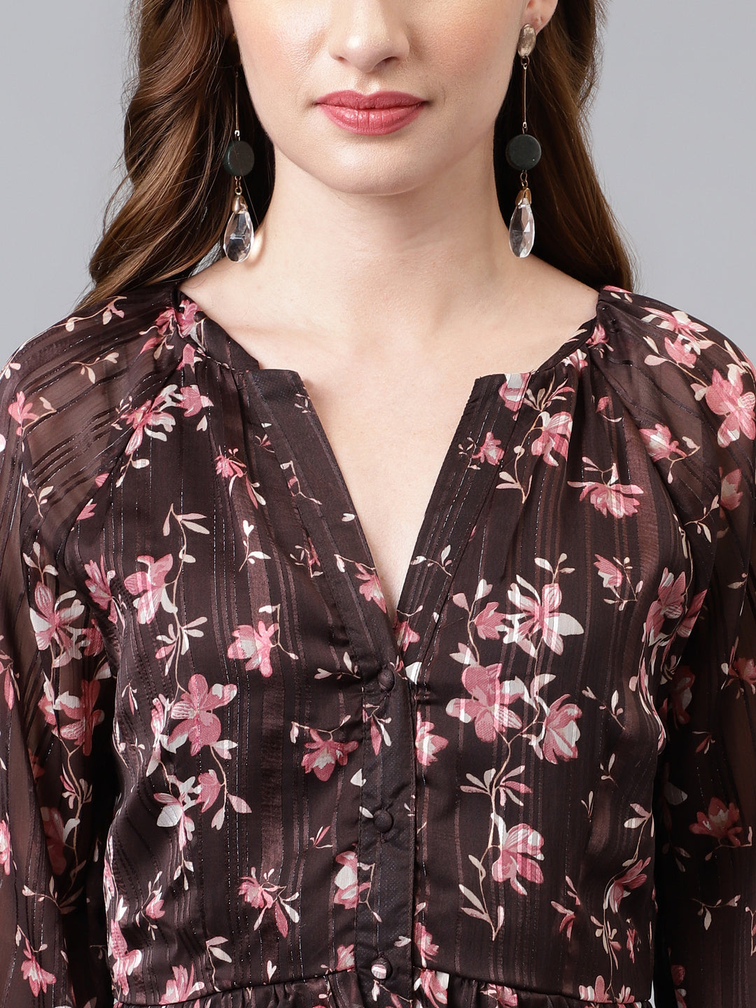 Brown 3/4 Sleeve Printed Long Maxi Dress