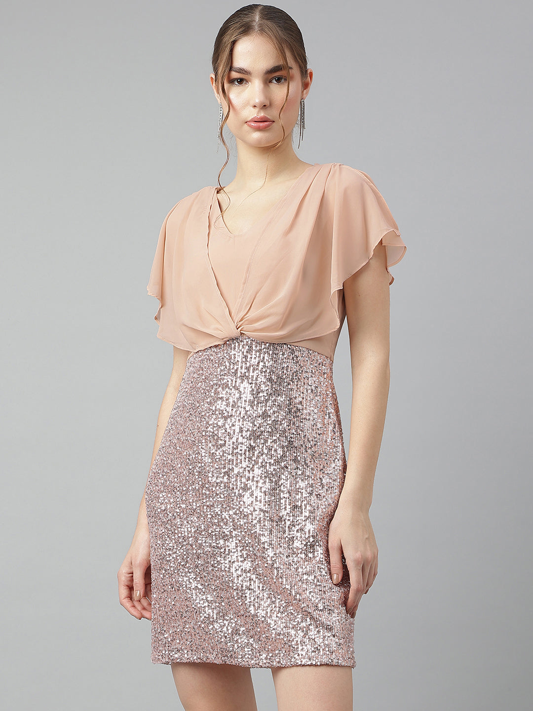 Beige V-Neck Short Sleeves Solid Bodycon Dress For Party Wear