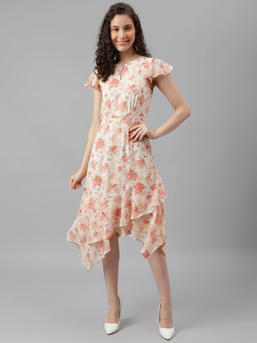 Peach Cap Sleeve Printed Maxi Dress