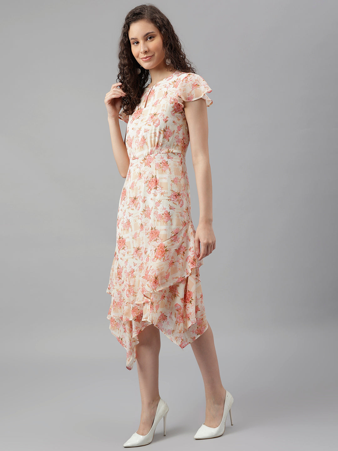 Peach Cap Sleeve Printed Maxi Dress