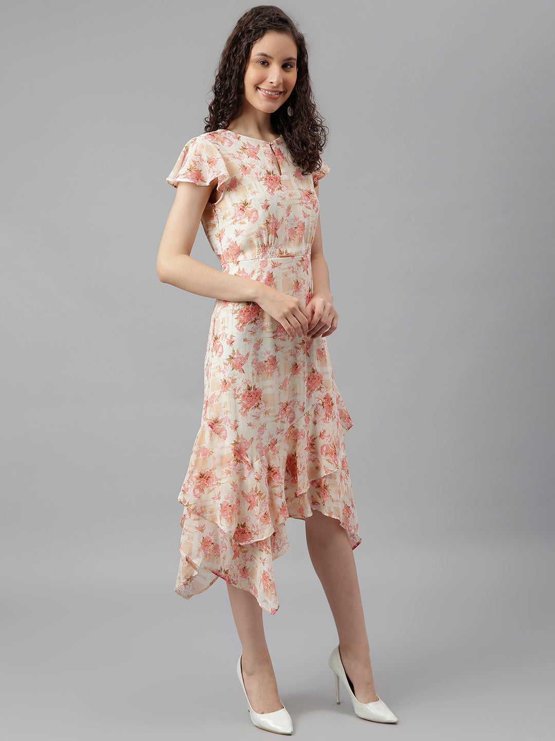 Peach Cap Sleeve Printed Maxi Dress