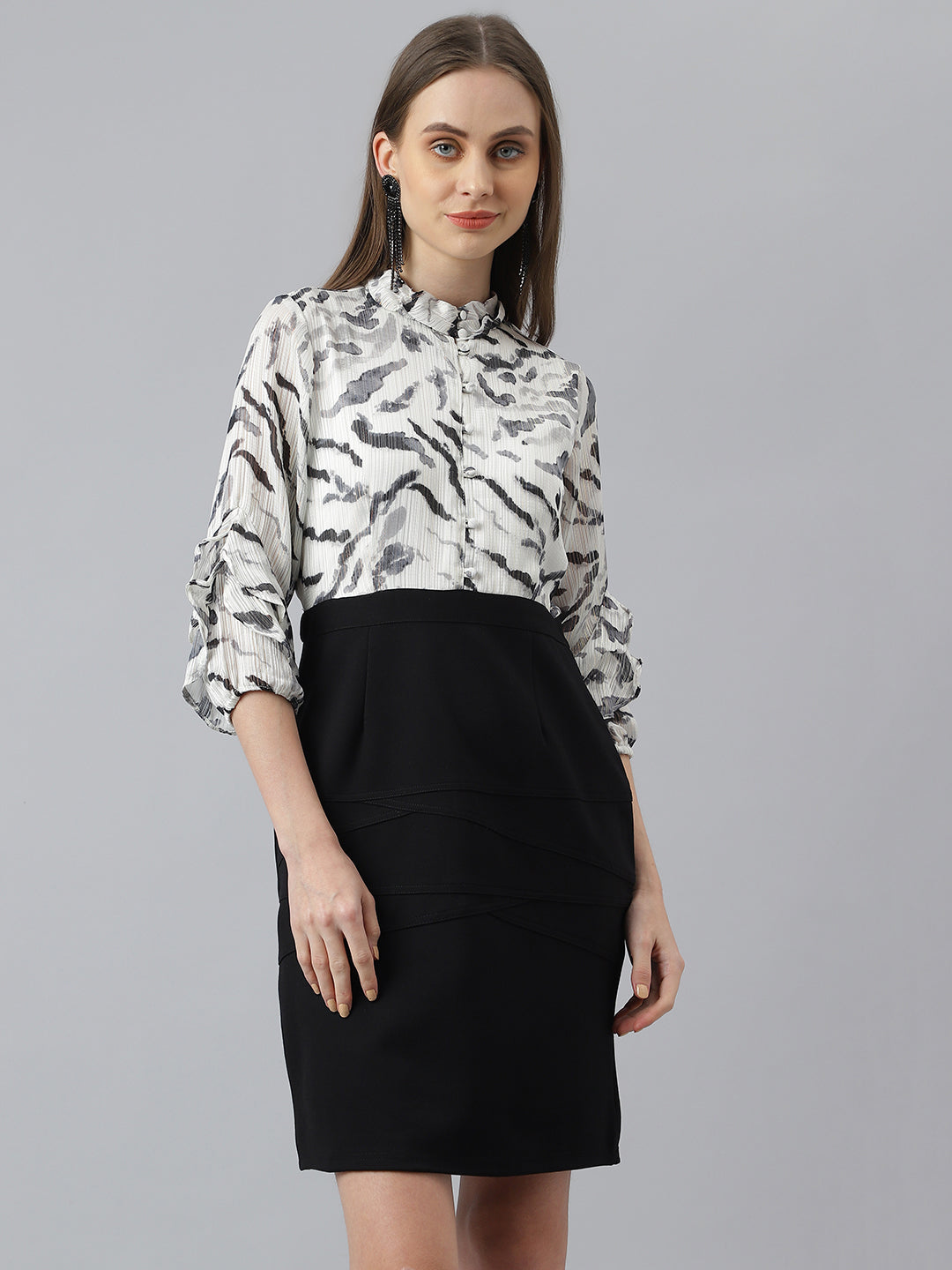 Black 3/4 Sleeve Collar Neck Women Dress For Casual