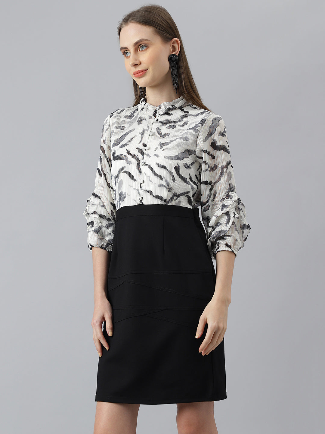 Black 3/4 Sleeve Collar Neck Women Dress For Casual