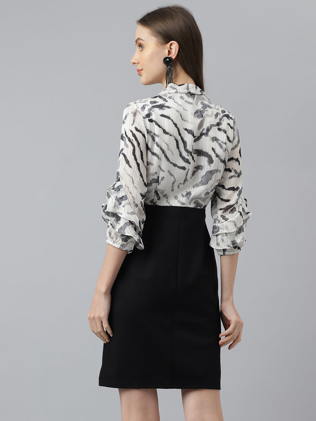 Black 3/4 Sleeve Collar Neck Women Dress For Casual