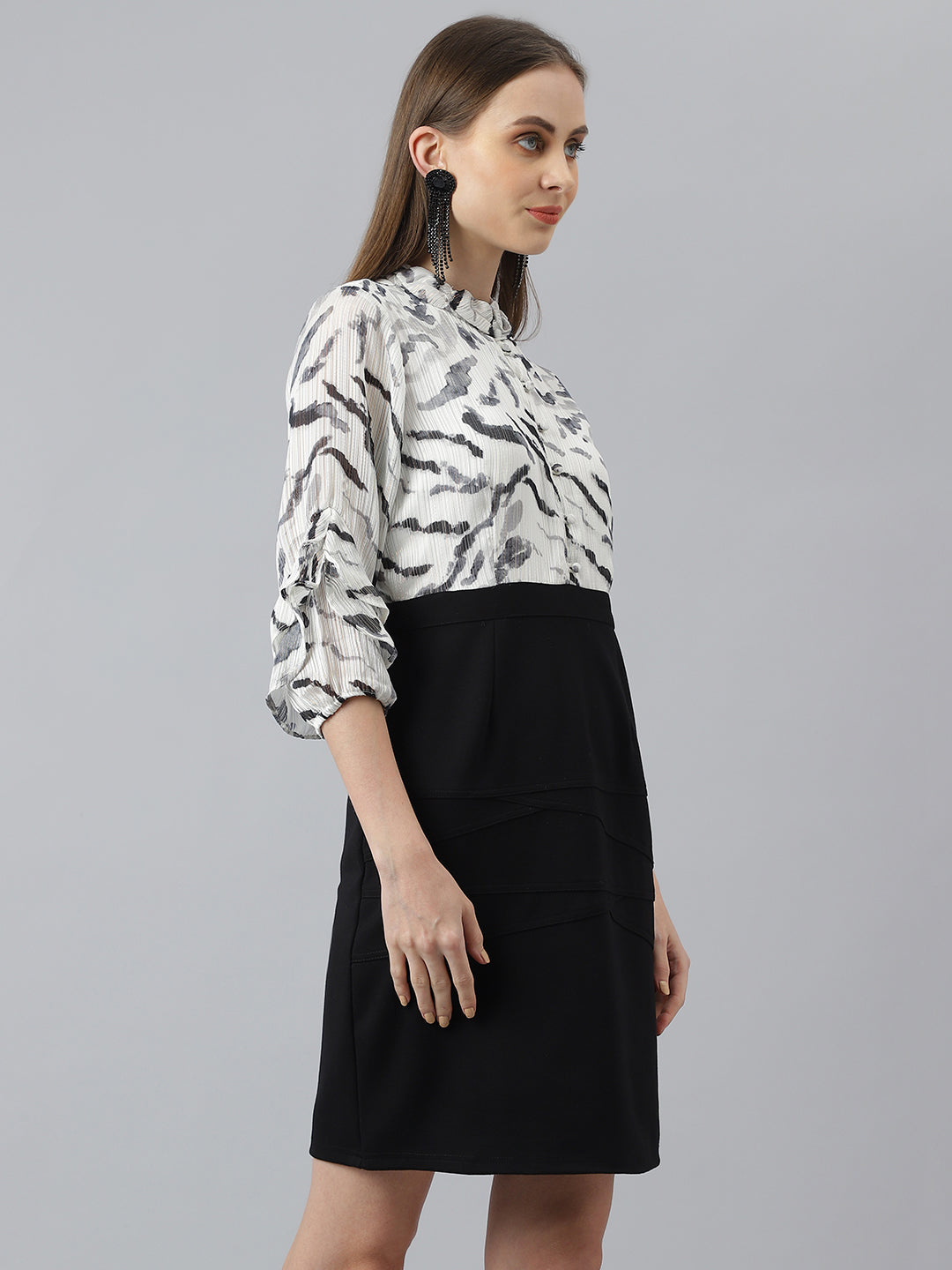 Black 3/4 Sleeve Collar Neck Women Dress For Casual