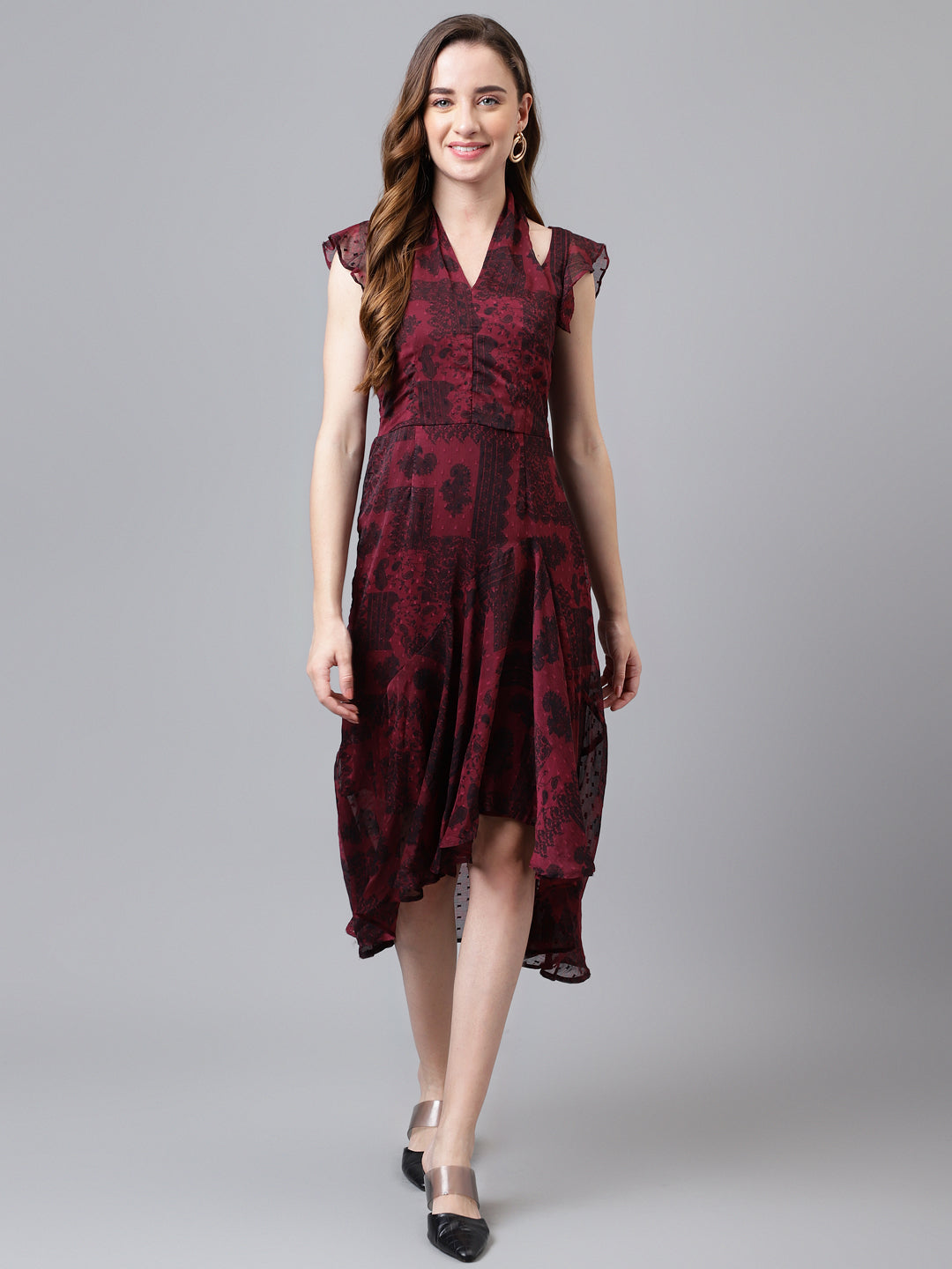 Maroon Cap Sleeve Printed Long A-Line Dress