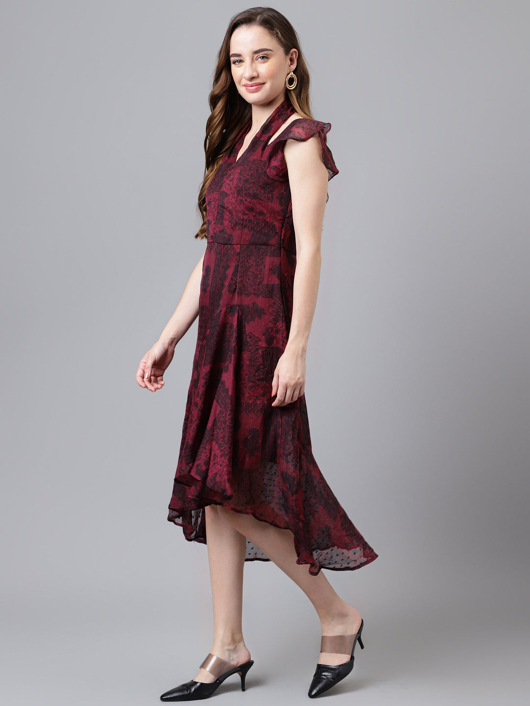 Maroon Cap Sleeve Printed Long A-Line Dress