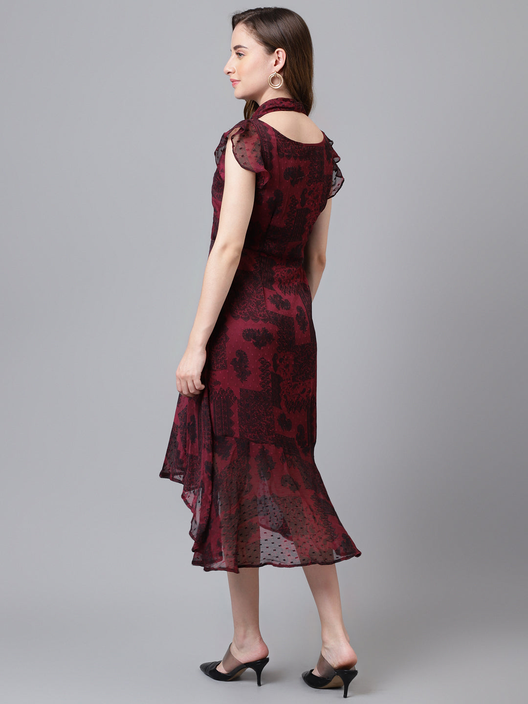 Maroon Cap Sleeve Printed Long A-Line Dress