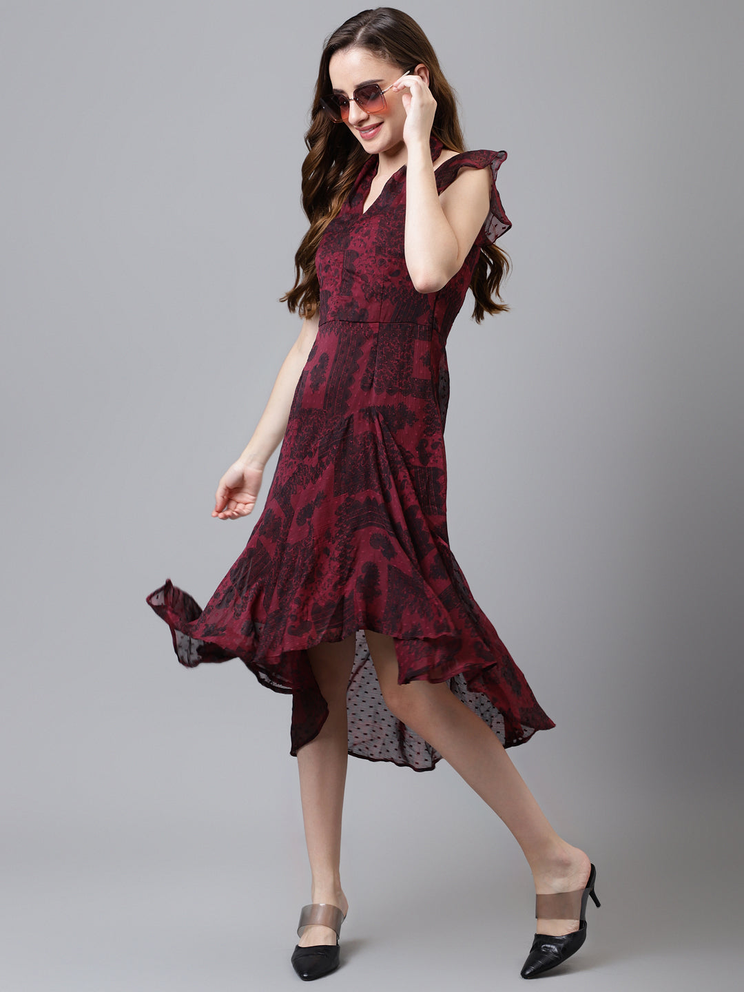 Maroon Cap Sleeve Printed Long A-Line Dress