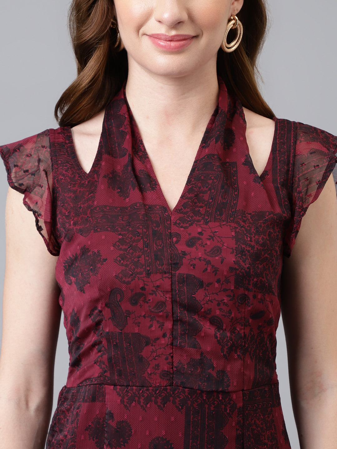 Maroon Cap Sleeve Printed Long A-Line Dress