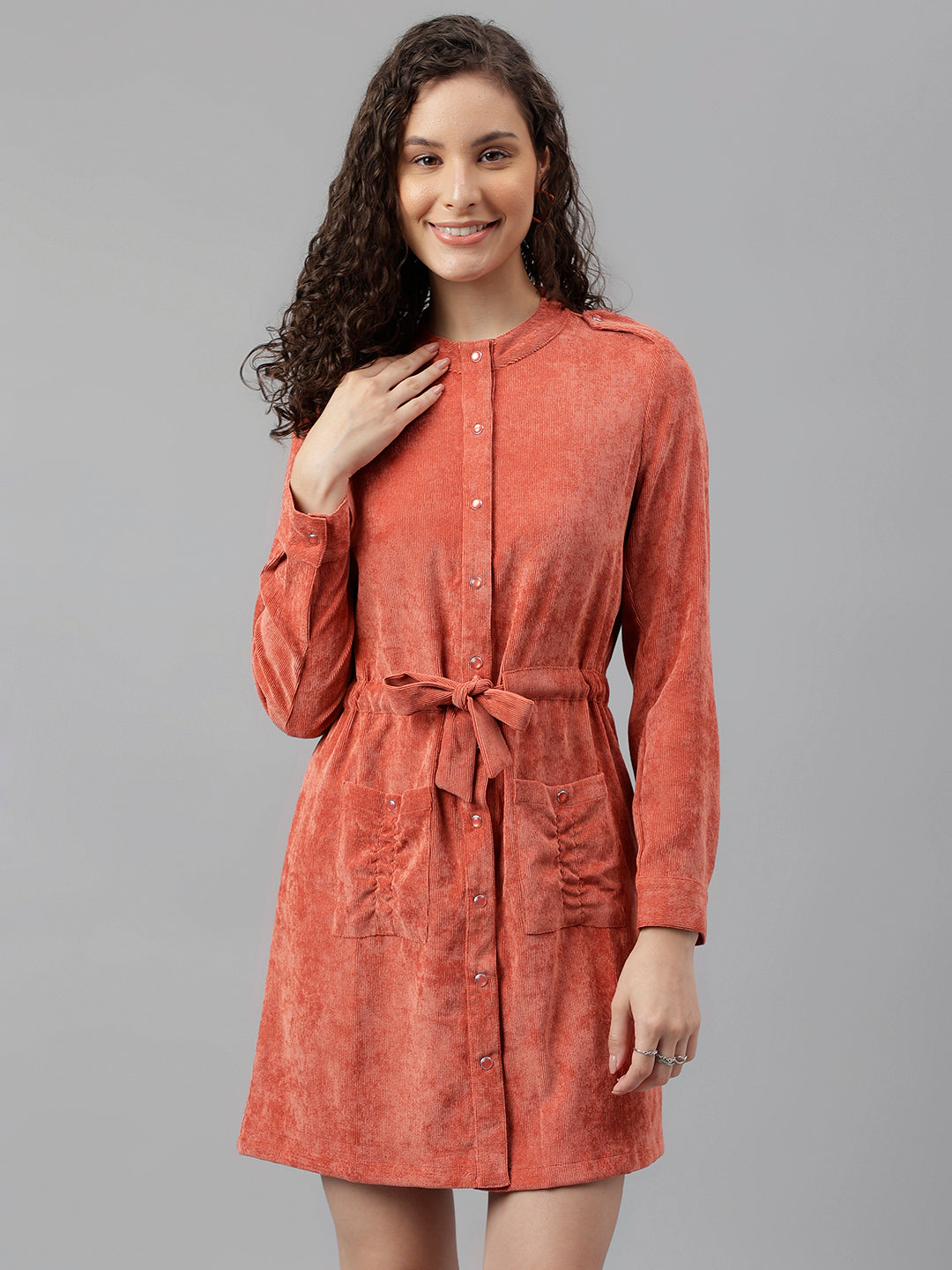 Orange Full Sleeve Solid Shirt Dress