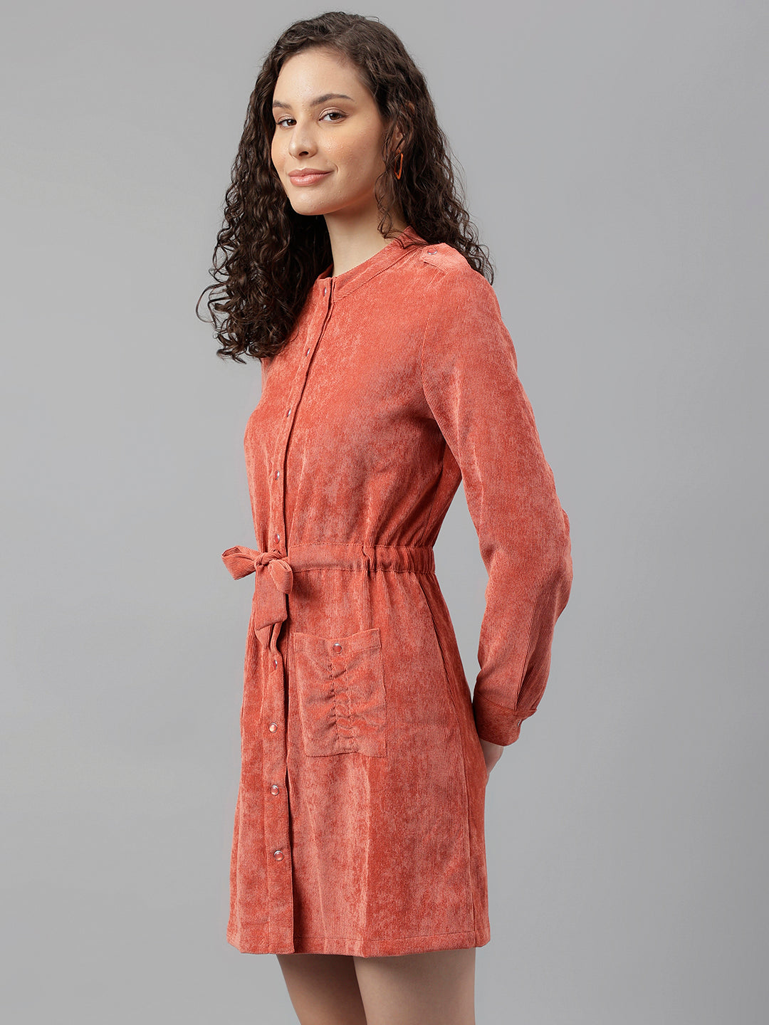 Orange Full Sleeve Solid Shirt Dress