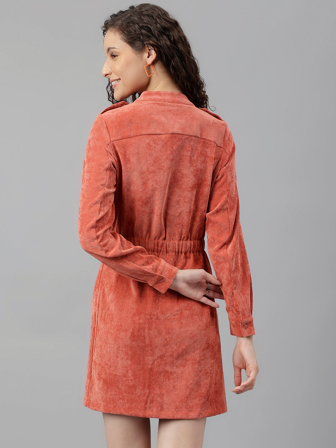 Orange Full Sleeve Solid Shirt Dress
