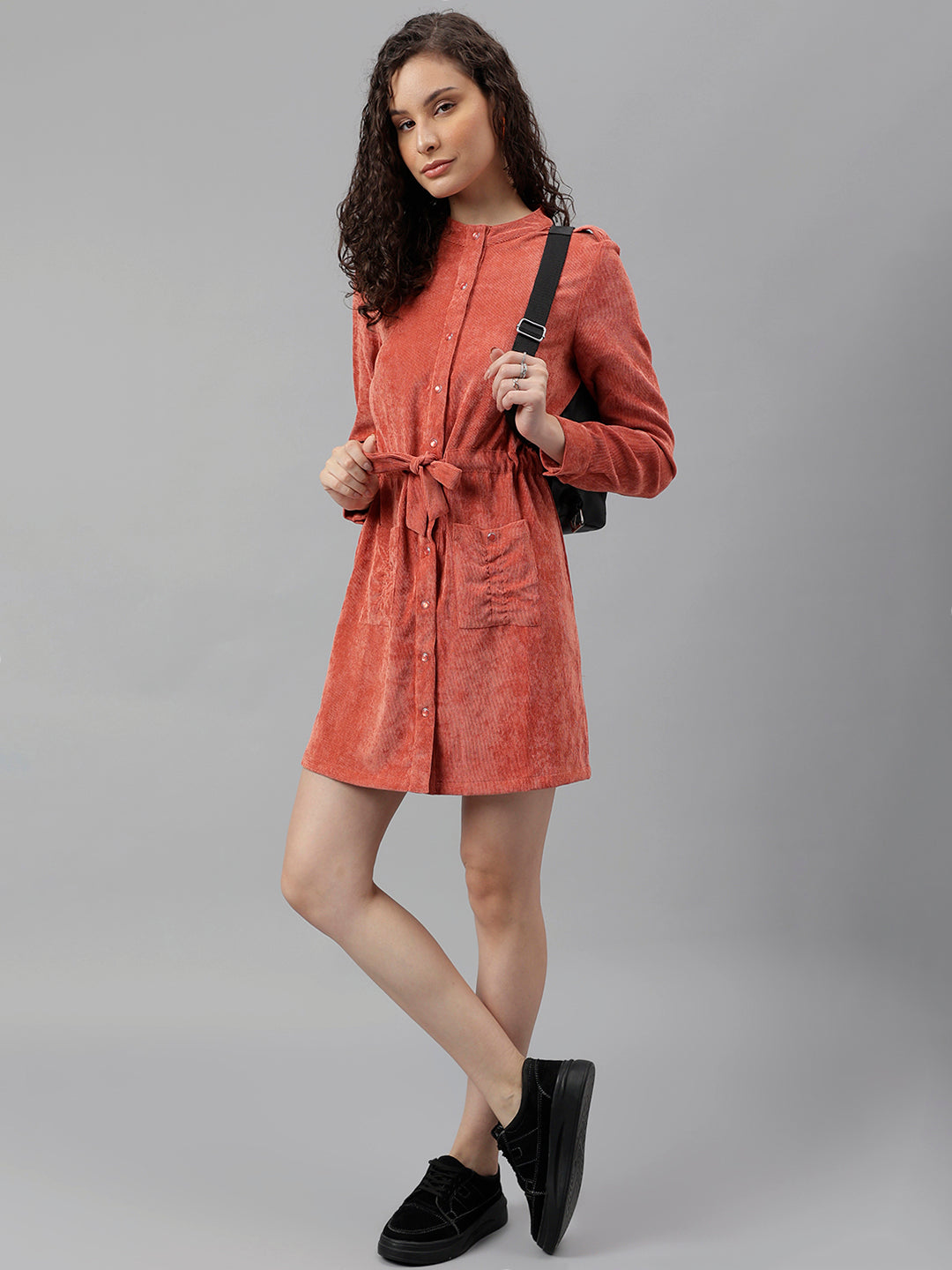 Orange Full Sleeve Solid Shirt Dress