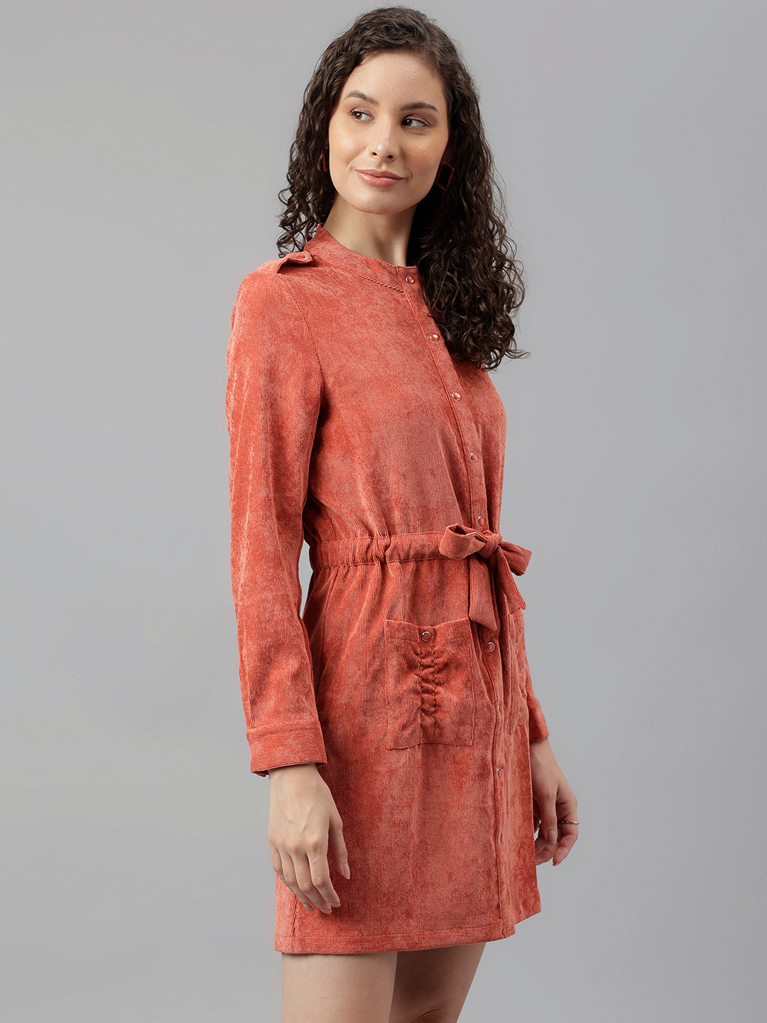 Orange Full Sleeve Solid Shirt Dress