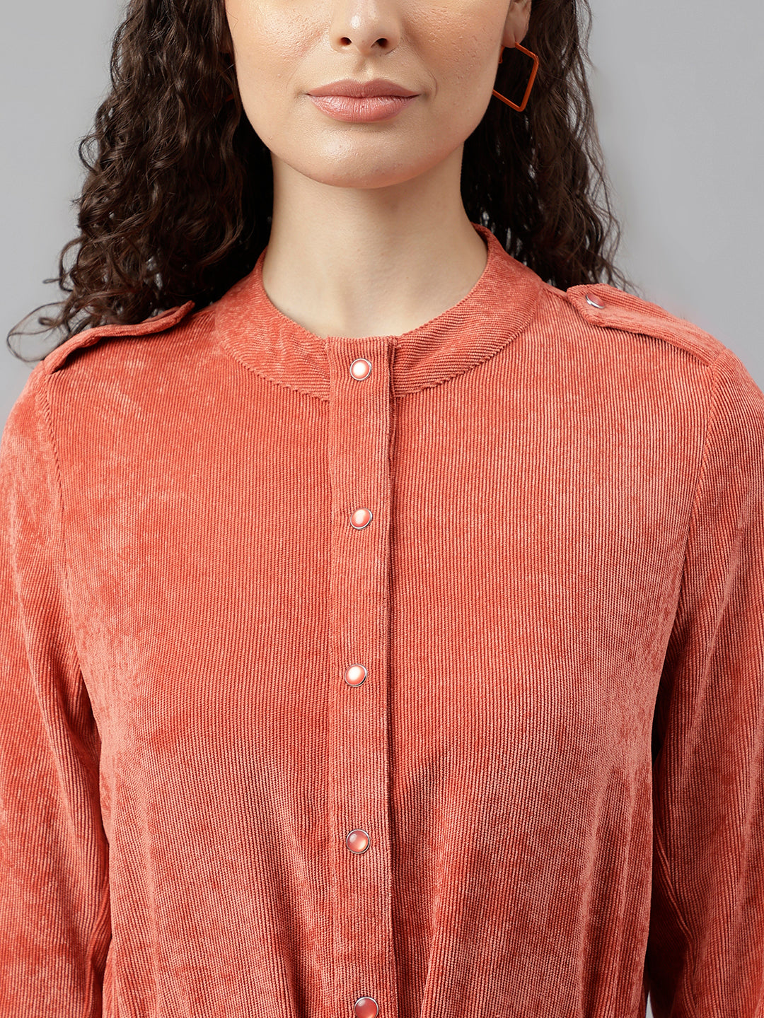 Orange Full Sleeve Solid Shirt Dress