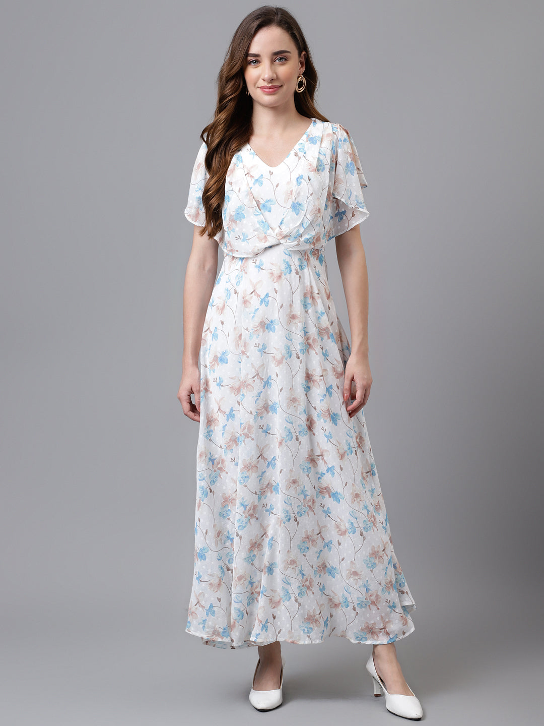 Blue Cap Sleeve V-Neck Printed Women Maxi Dress For Party